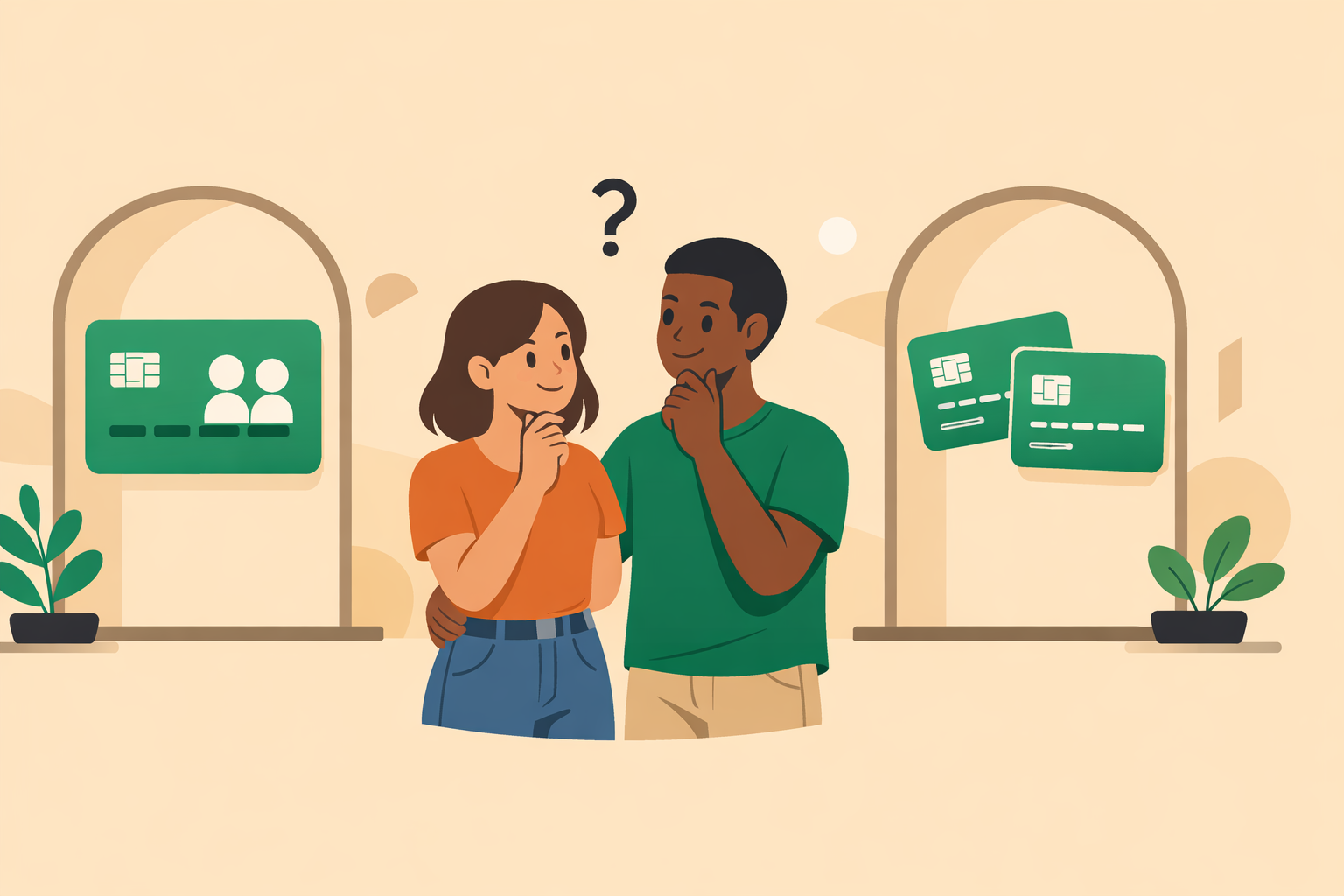 Couple réfléchissant face à deux options symbolisées par des portes : une carte bancaire commune (compte joint) ou deux cartes séparées, illustrant le choix d'organisation financière en couple