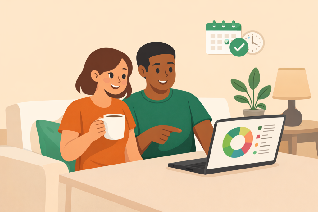 Couple souriant qui consulte leur budget commun sur un ordinateur portable avec un graphique circulaire, illustrant le Point Budget mensuel pour gérer un compte joint en couple