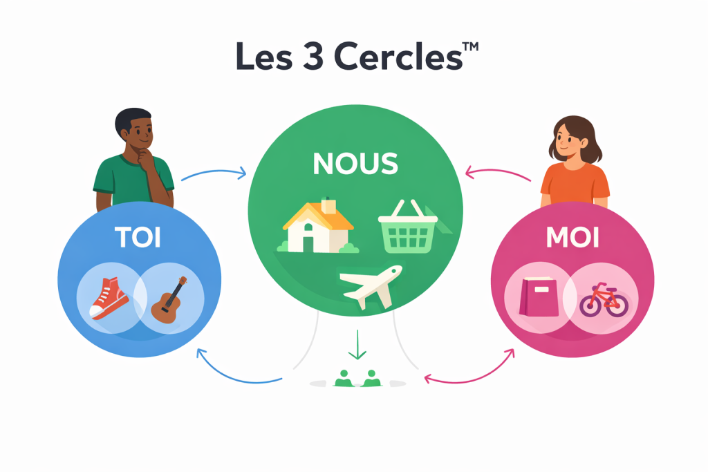 Infographie Les 3 Cercles Sobary montrant la répartition des finances en couple : Cercle TOI (dépenses personnelles), Cercle NOUS (compte joint pour charges communes), Cercle MOI (liberté financière du partenaire)