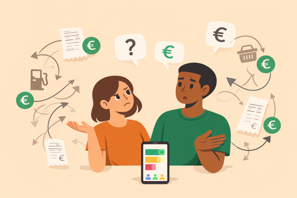 Couple confus entouré de tickets de caisse, flèches de remboursement et application smartphone, illustrant la charge mentale de gérer les dépenses sans compte joint